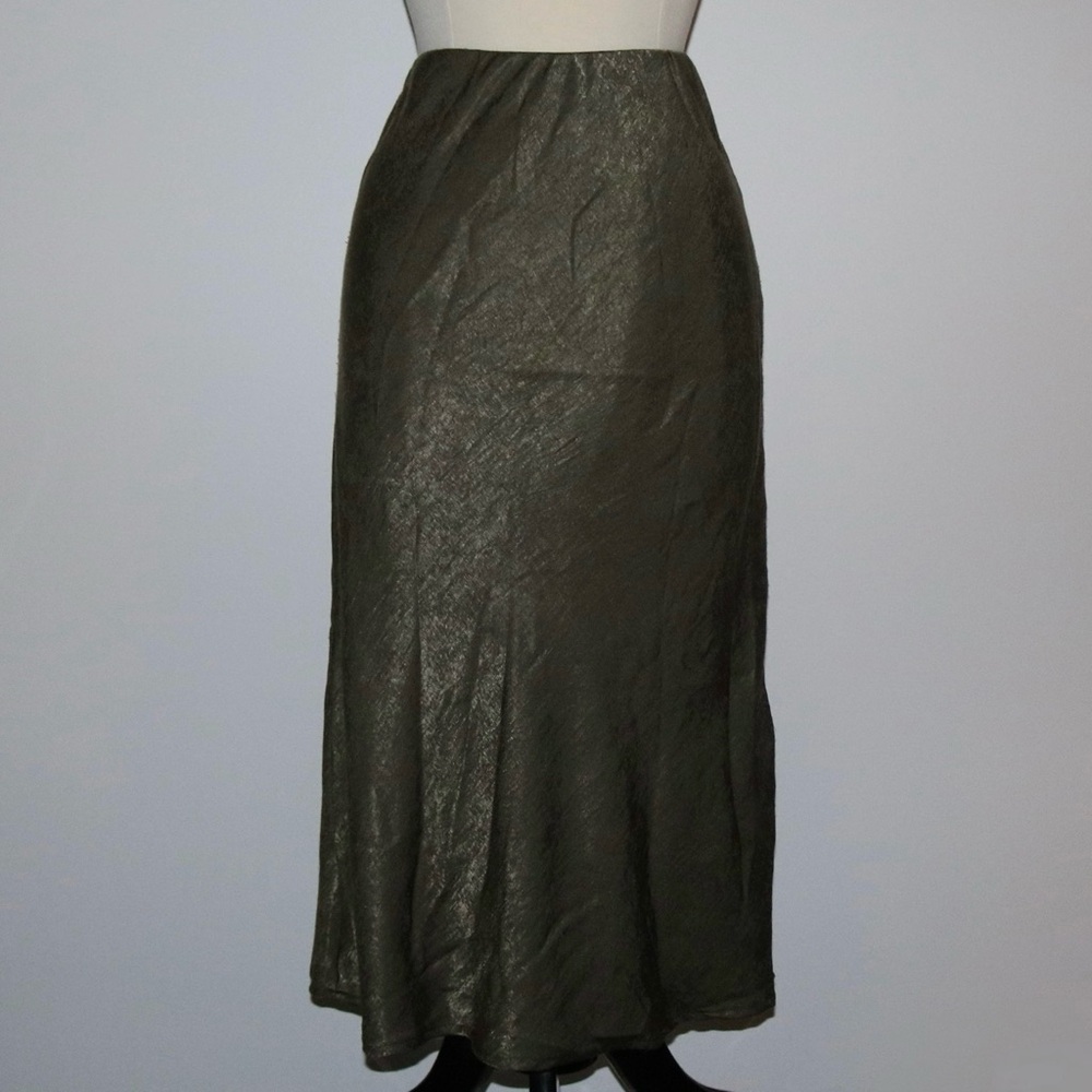 Olive green midi skirt with a satin-y finish and elastic waist